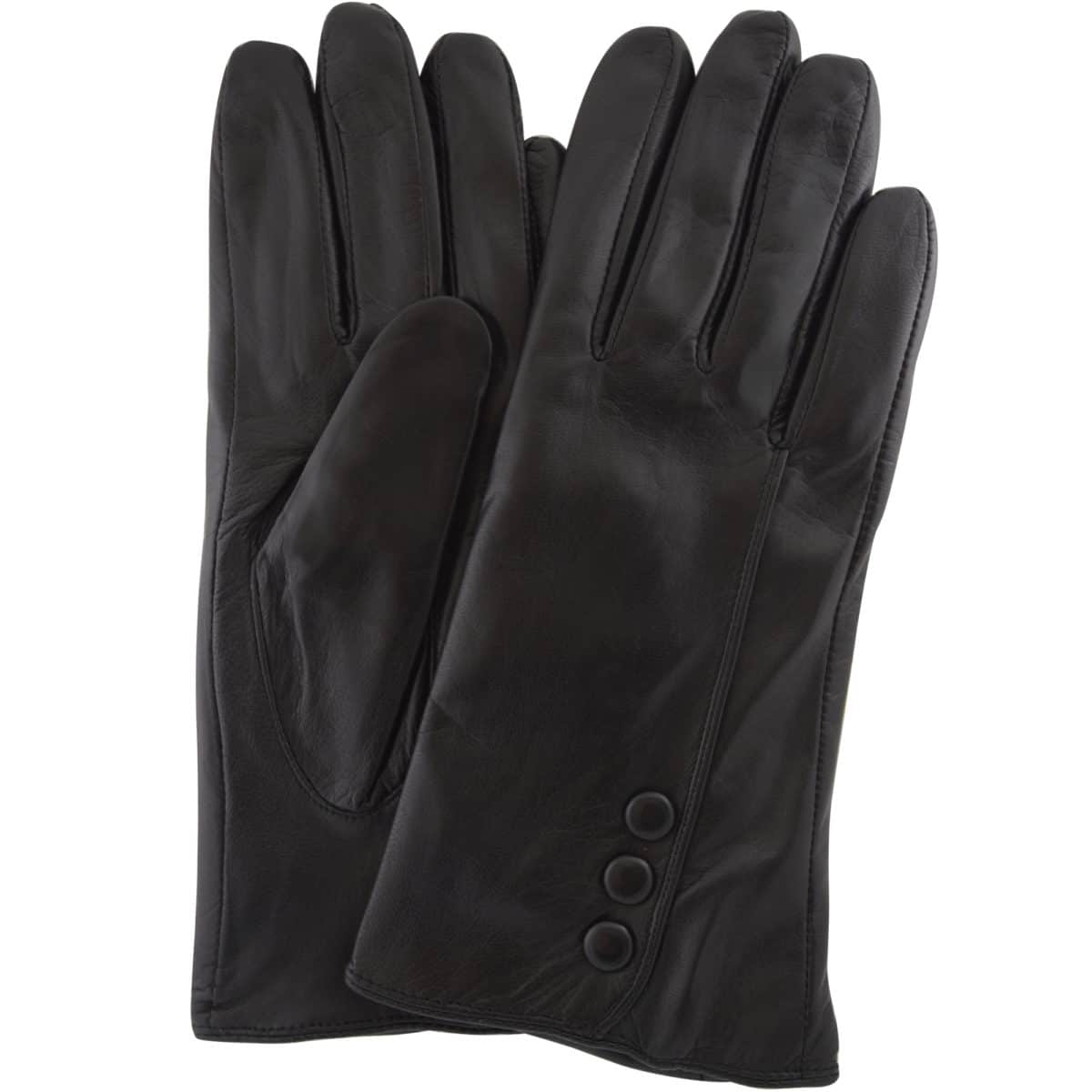 Ladies Leather Button Gloves - Fleece Lined - Black - Snugrugs