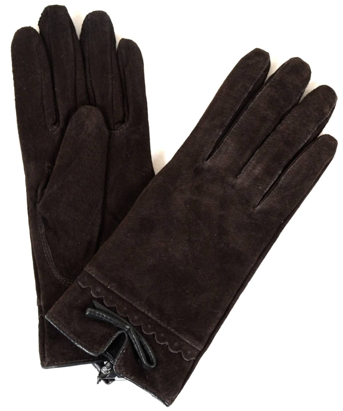 Suede Gloves Fleece Lining and Bow Feature - Brown - Snugrugs